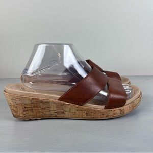 Crocs Womens A-Leigh Brown Leather Cork Slide Mini Wedge Slide Sandals Size 10
